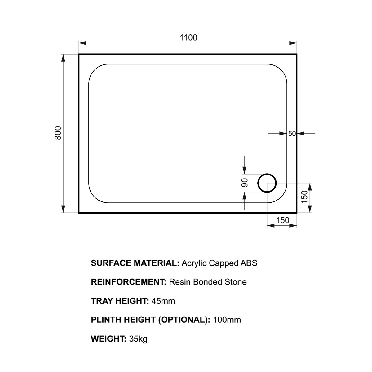 K-Stone Anti Slip Rectangular Stone Resin Shower Tray 1100x800mm