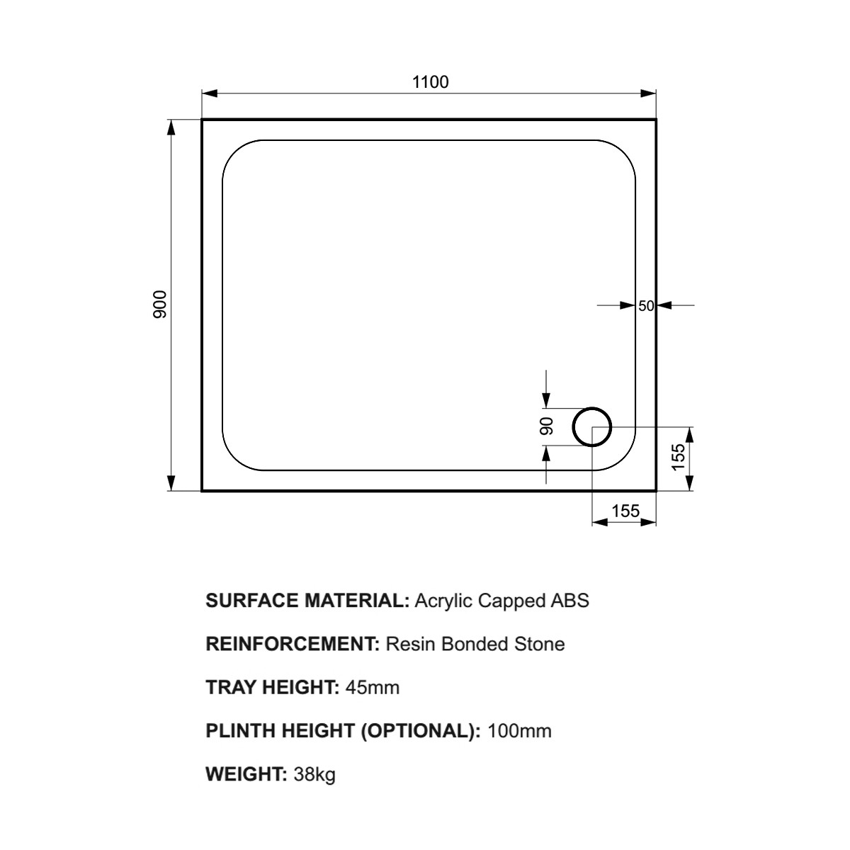 K-Stone Anti Slip Rectangular Stone Resin Shower Tray 1100x900mm