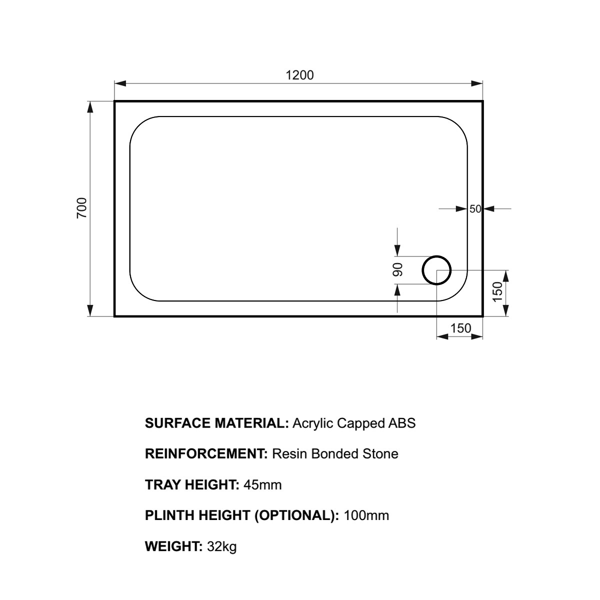 K-Stone Anti Slip Rectangular Stone Resin Shower Tray 1200x700mm