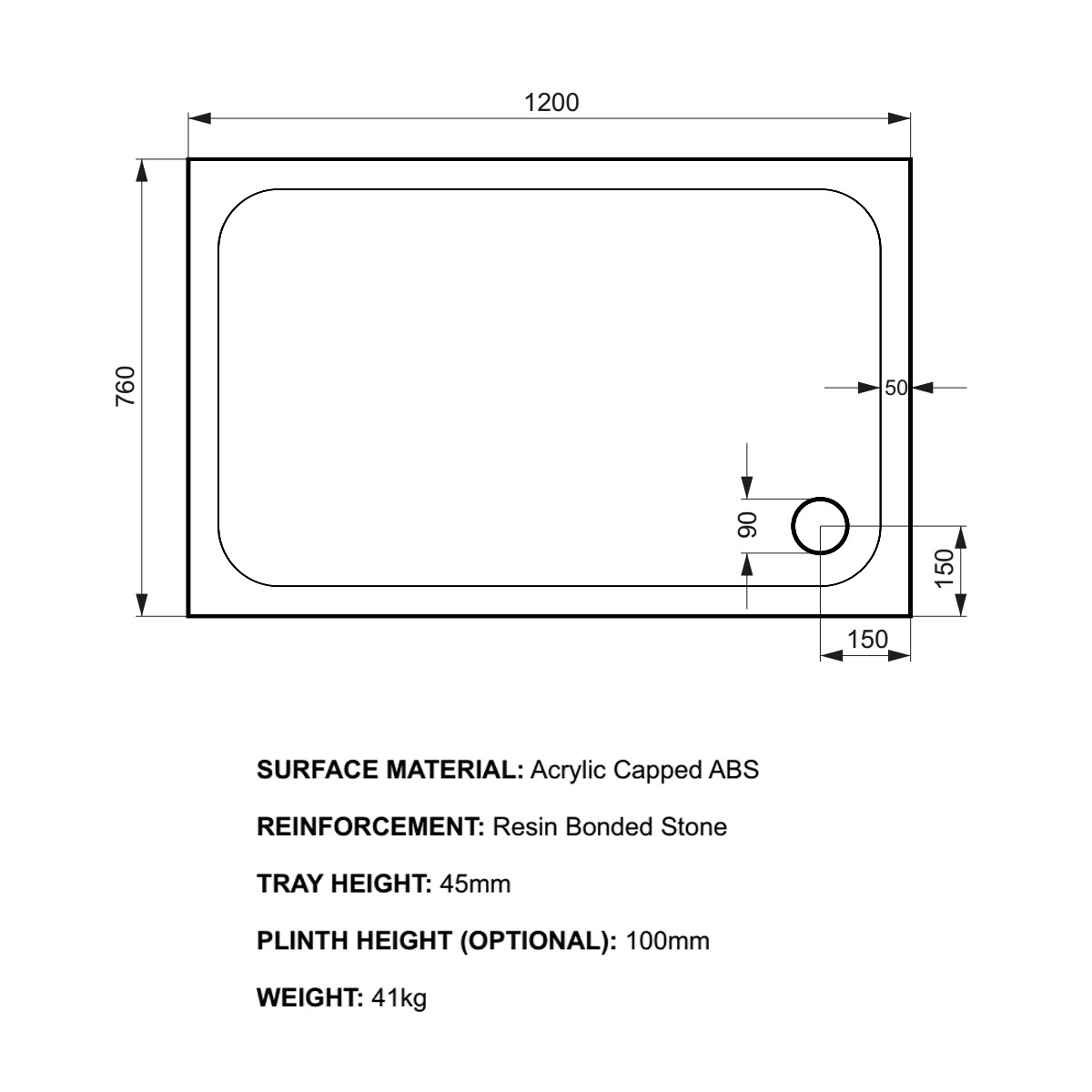 K-Stone Anti Slip Rectangular Stone Resin Shower Tray 1200x760mm