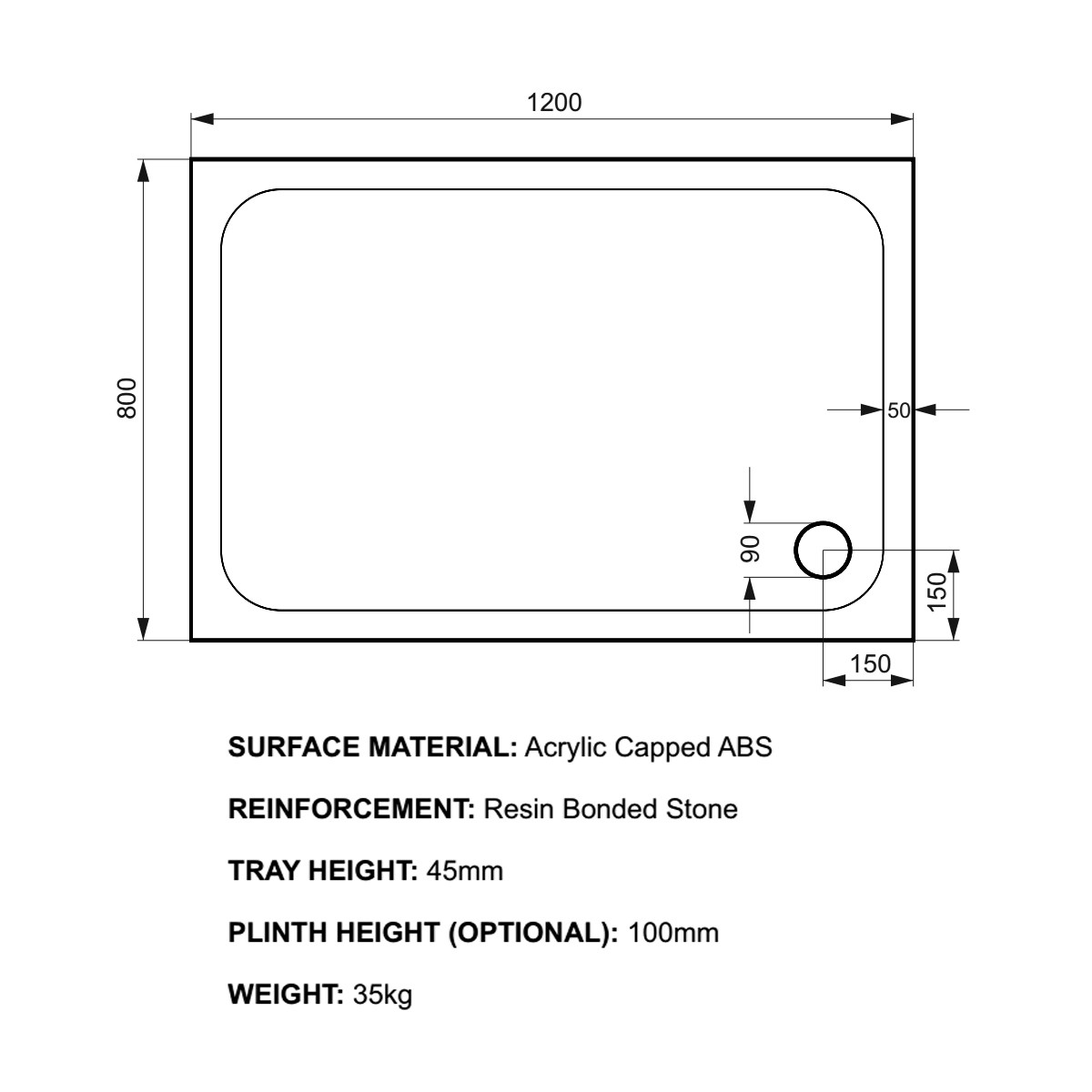 K-Stone Anti Slip Rectangular Stone Resin Shower Tray 1200x800mm