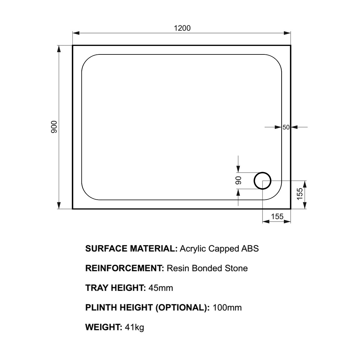 K-Stone Rectangular Stone Resin Shower Tray 1200x900mm