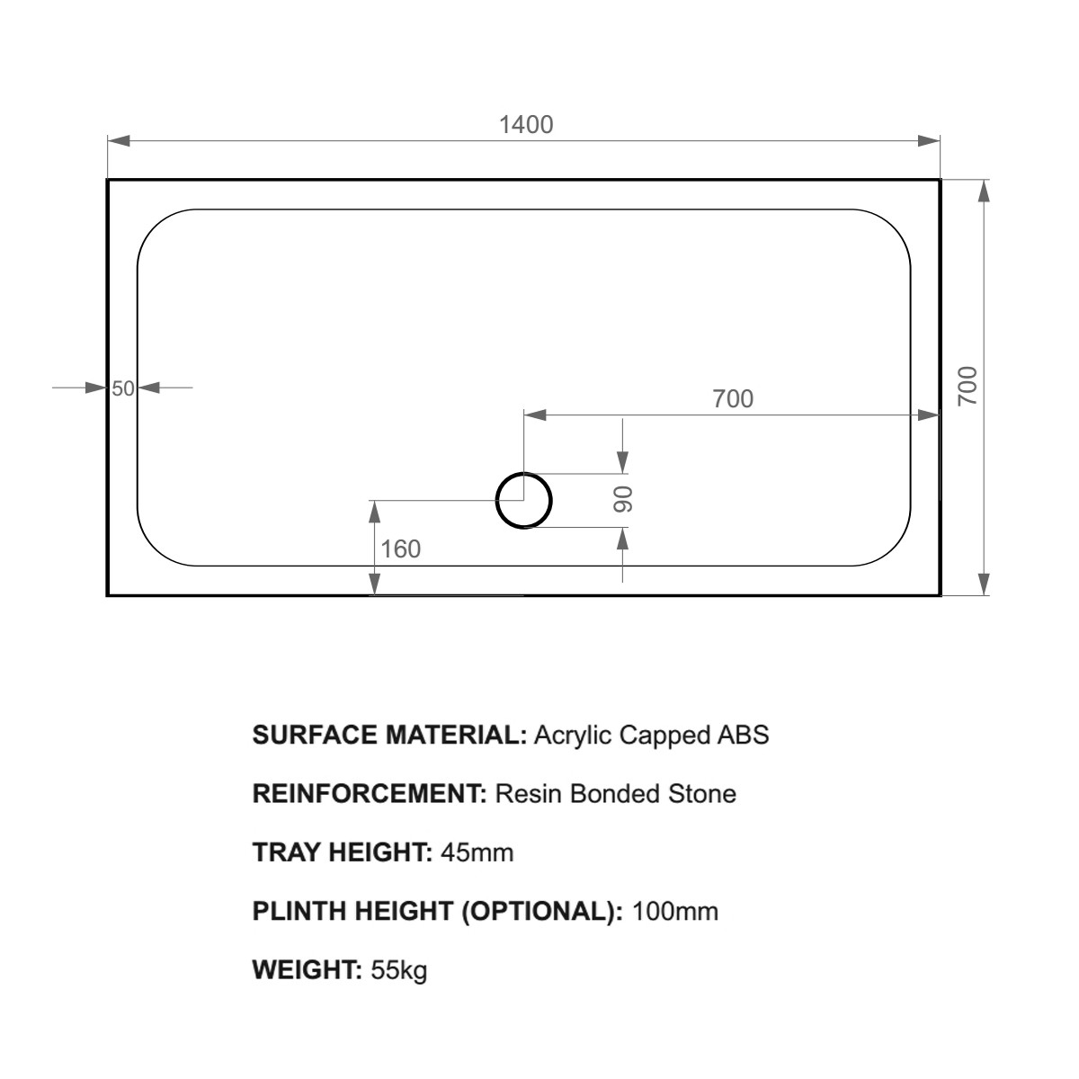 K-Stone Rectangular Stone Resin Shower Tray 1400x700mm