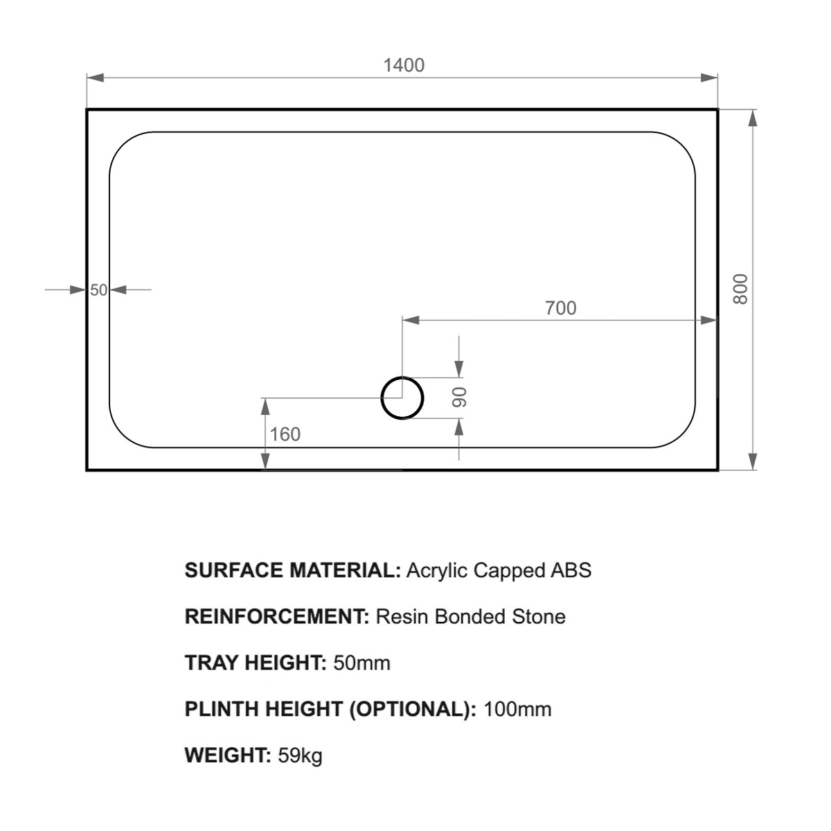 K-Stone Anti Slip Rectangular Stone Resin Shower Tray 1400x800mm