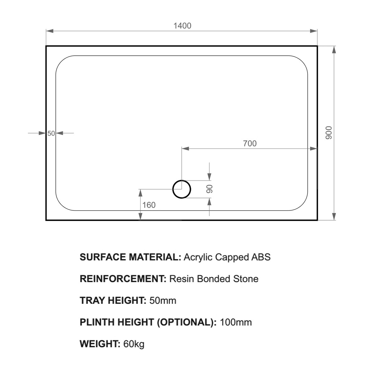 K-Stone Anti Slip Rectangular Stone Resin Shower Tray 1400x900mm