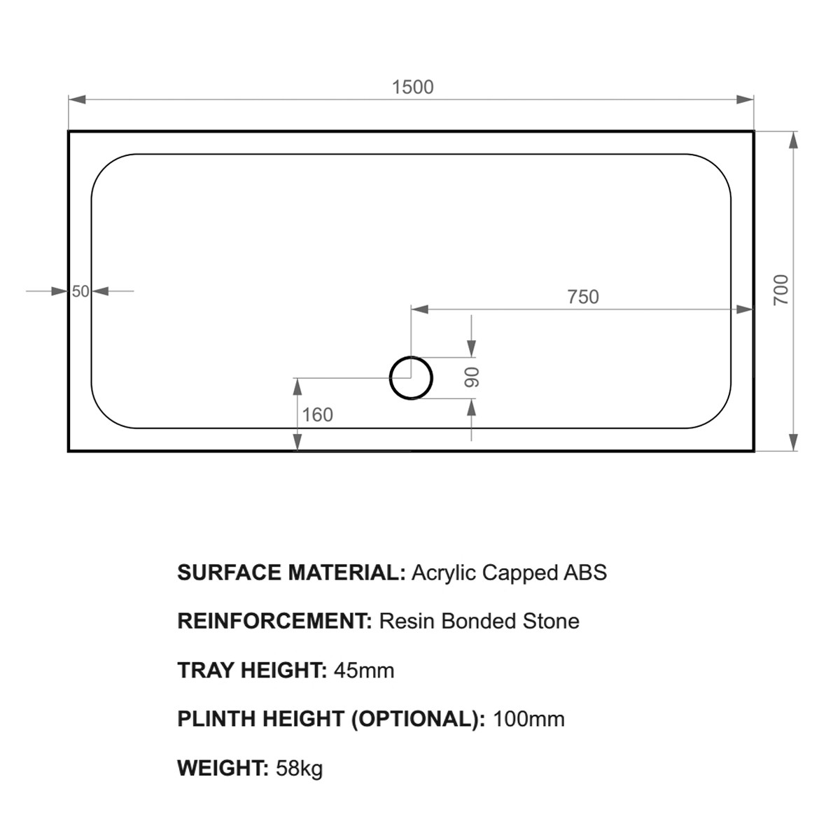 K-Stone Anti Slip Rectangular Stone Resin Shower Tray 1500x700mm