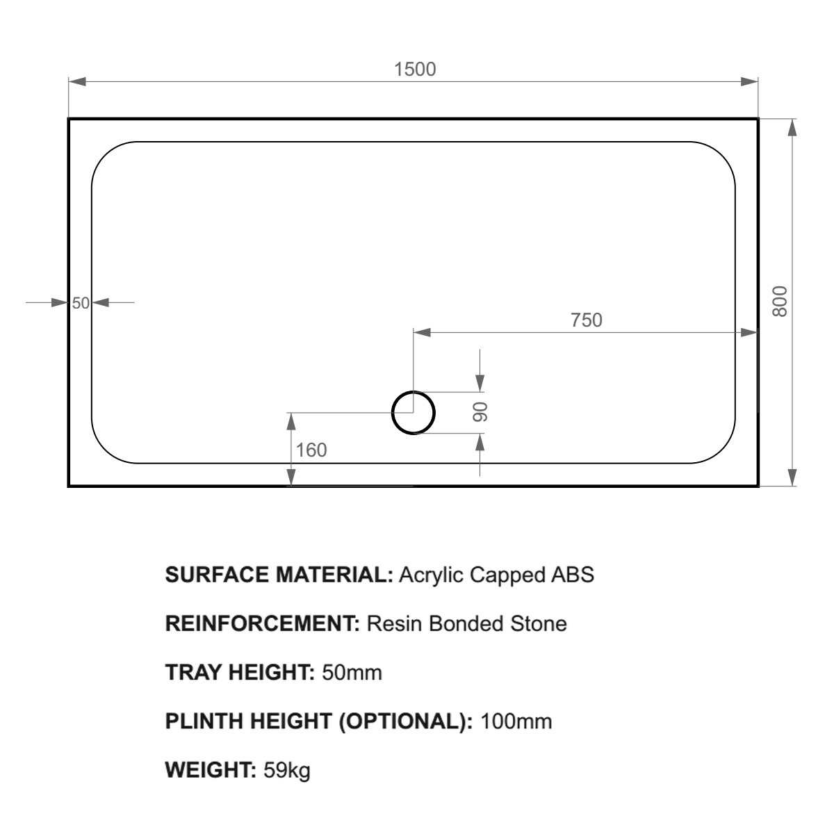 K-Stone Anti Slip Rectangular Stone Resin Shower Tray 1500x800mm
