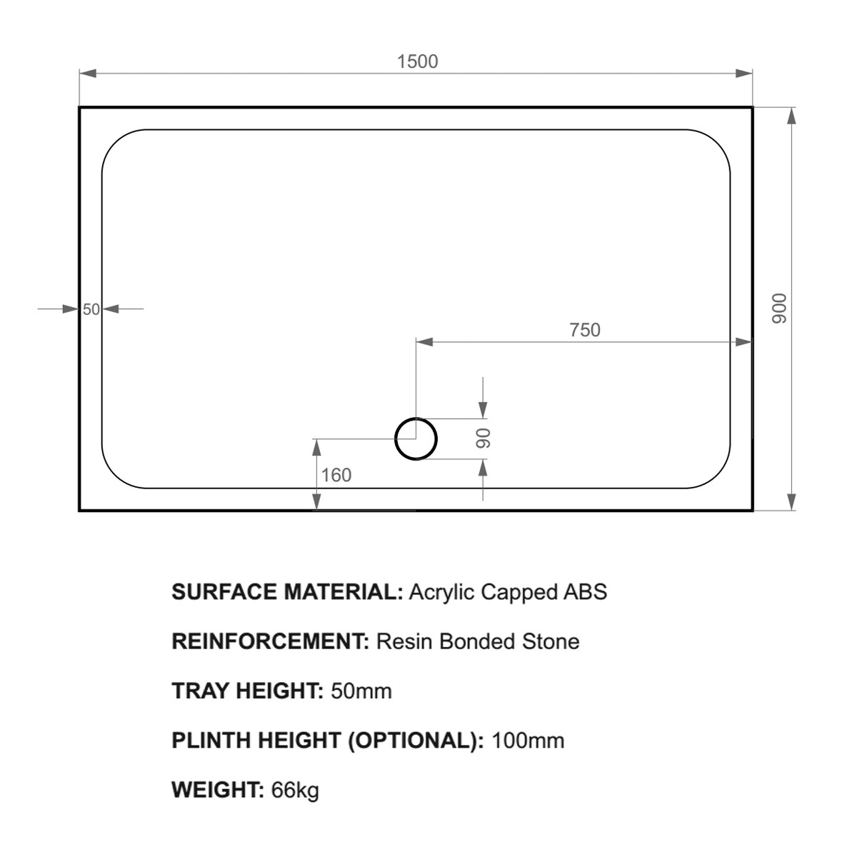 K-Stone Rectangular Stone Resin Shower Tray 1500x900mm