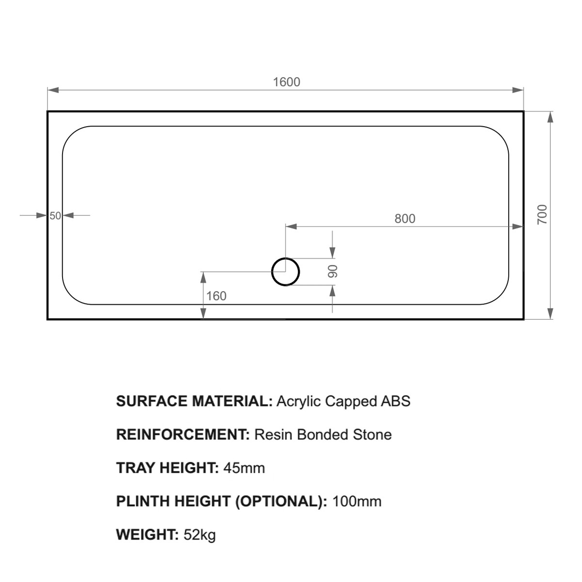 K-Stone Anti Slip Rectangular Stone Resin Shower Tray 1600x700mm