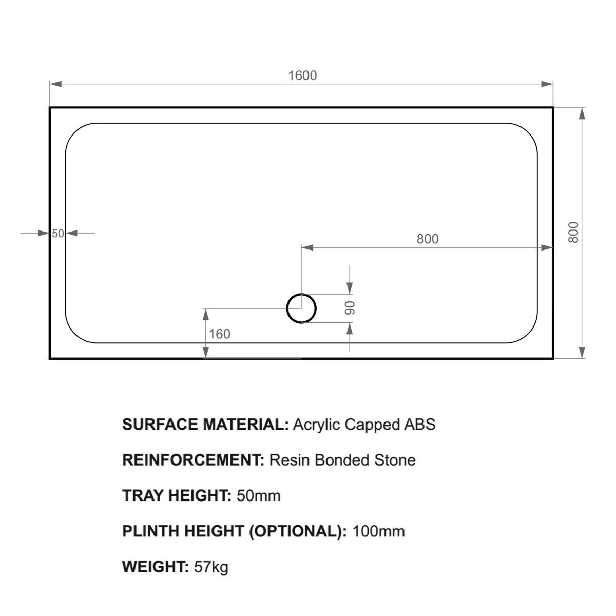 K-Stone Anti Slip Rectangular Stone Resin Shower Tray 1600x800mm