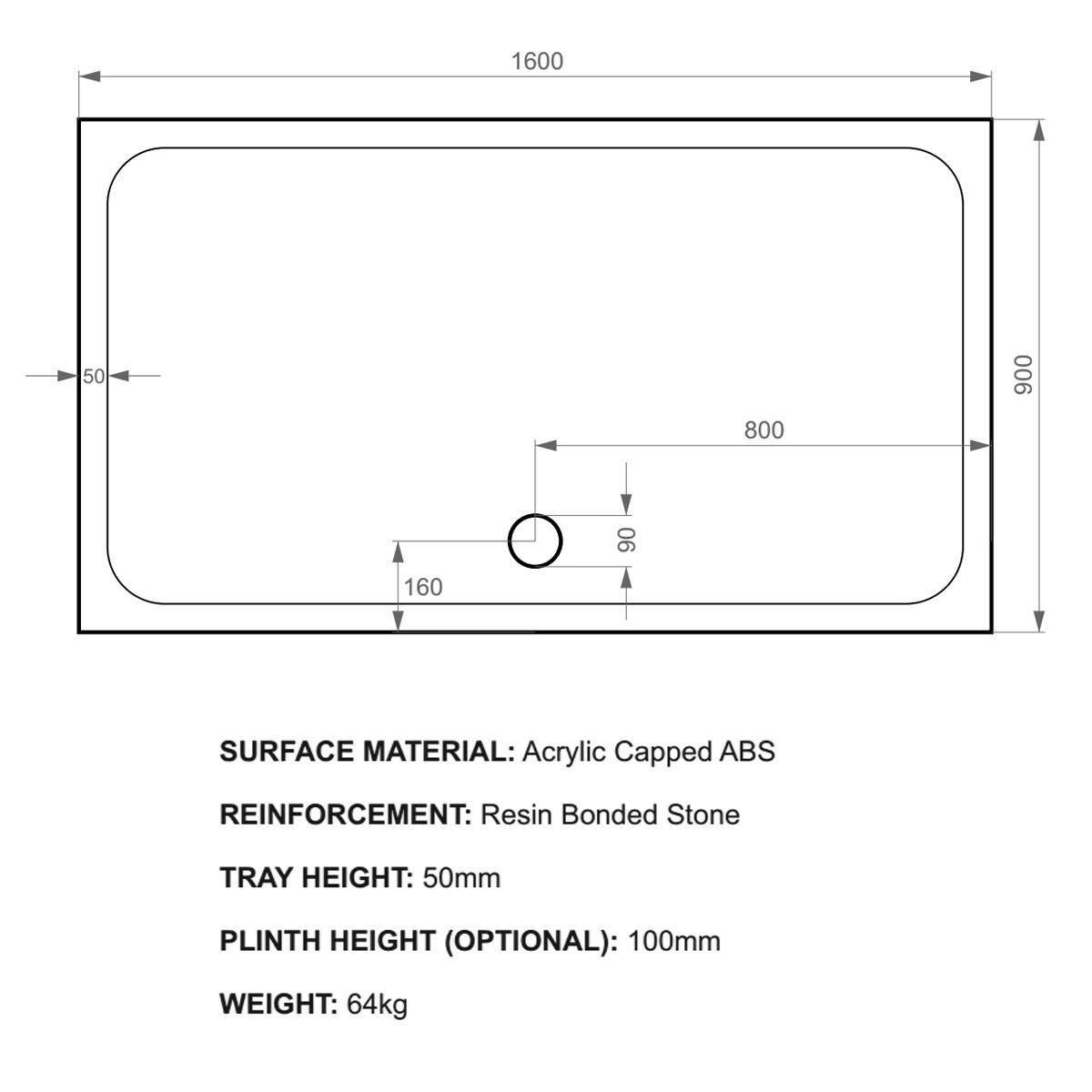 K-Stone Anti Slip Rectangular Stone Resin Shower Tray 1600x900mm