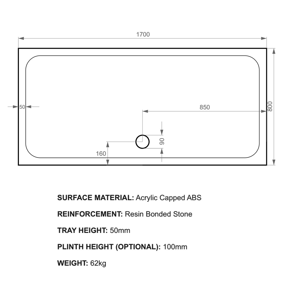 K-Stone Rectangular Stone Resin Shower Tray 1700x800mm