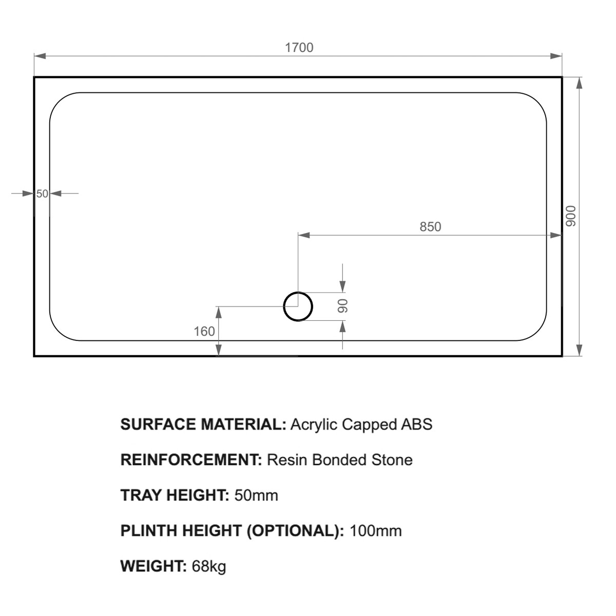 K-Stone Rectangular Stone Resin Shower Tray 1700x900mm
