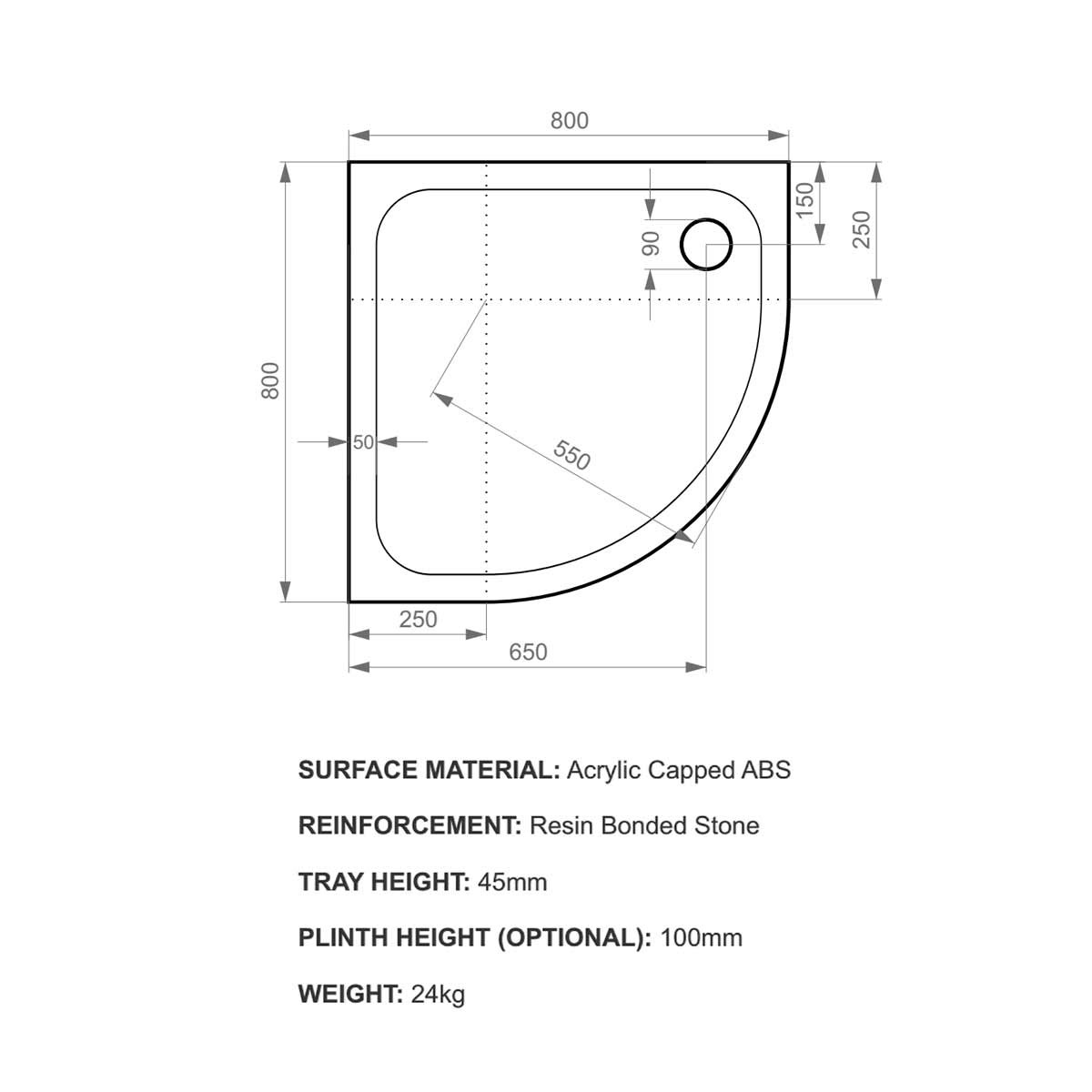 K-Stone Anti Slip Quadrant Stone Resin Shower Tray 800x800mm