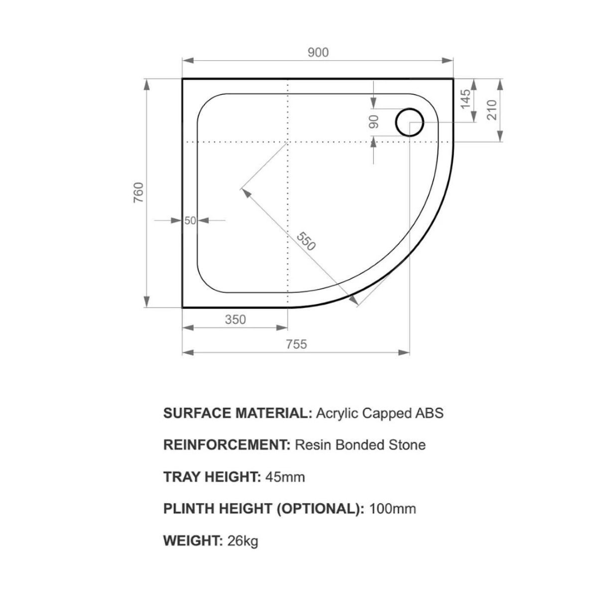 K-Stone Offset Quadrant Stone Resin Shower Tray 900x760mm Left Hand