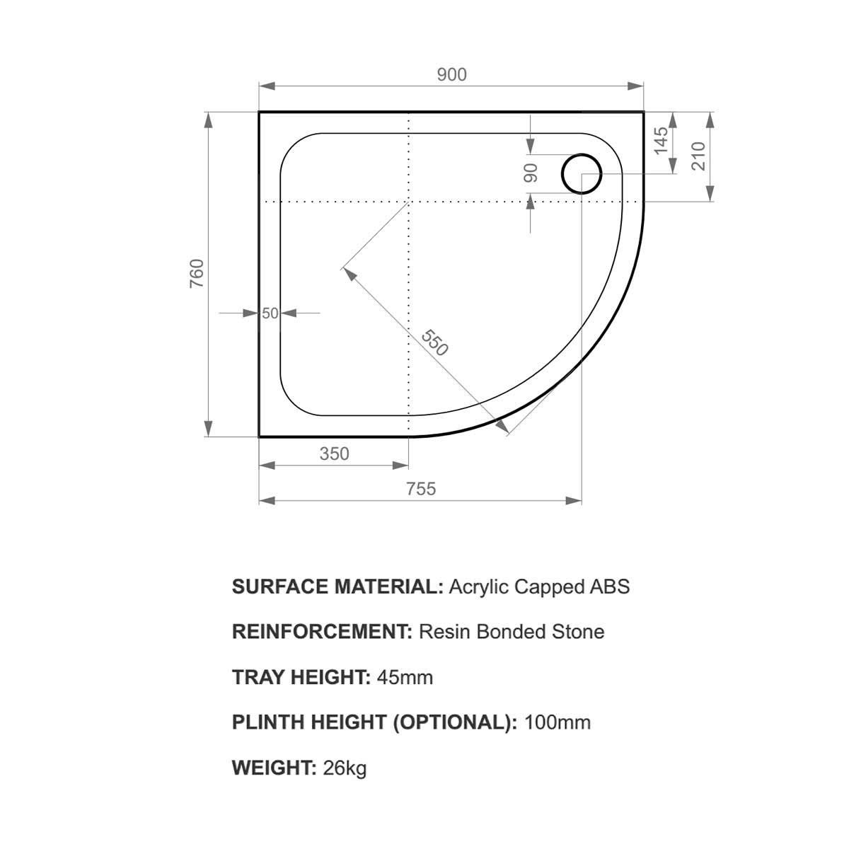 K-Stone Anti Slip Offset Quadrant Stone Resin Shower Tray 900x760mm Left Hand