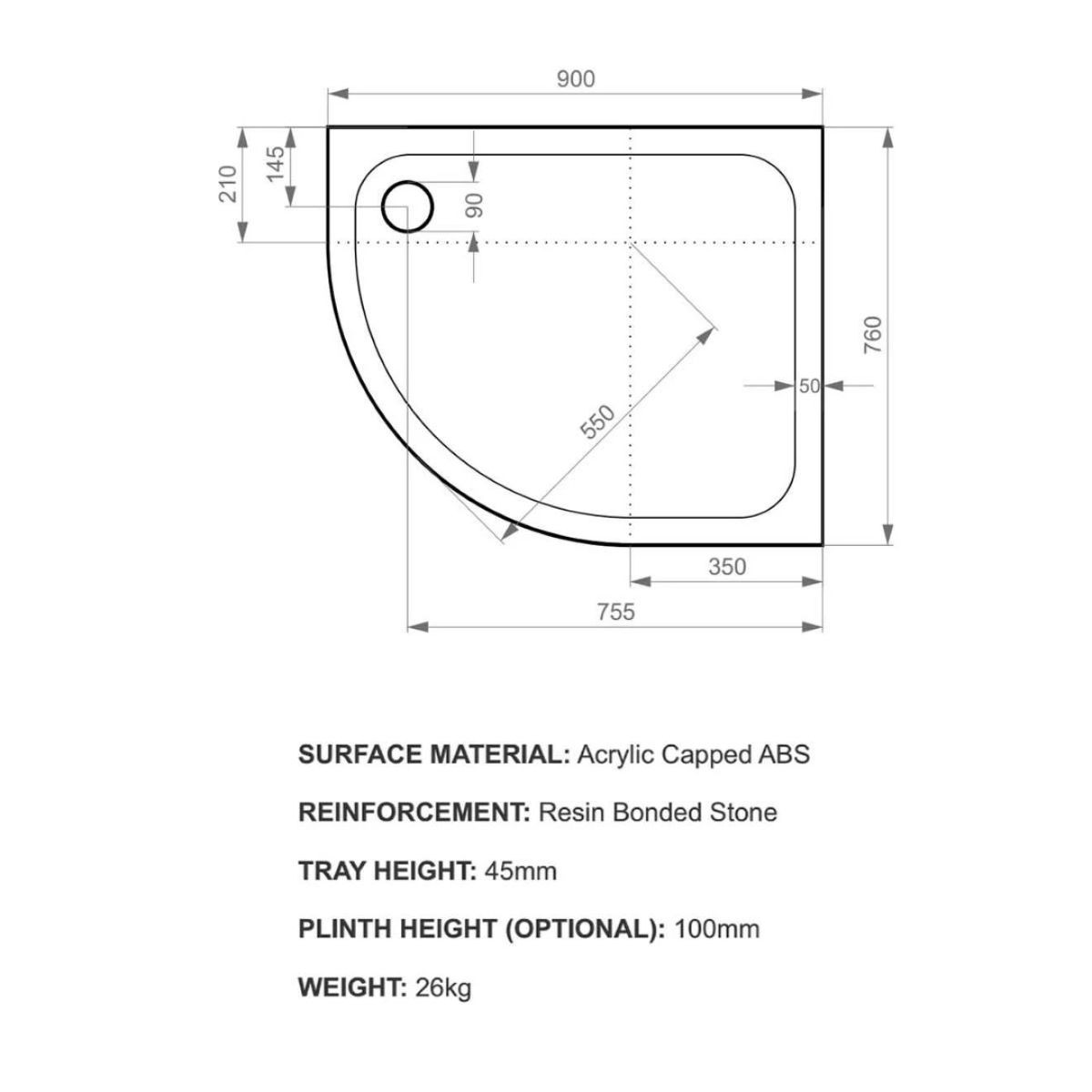 K-Stone Offset Quadrant Stone Resin Shower Tray 900x760mm Right Hand