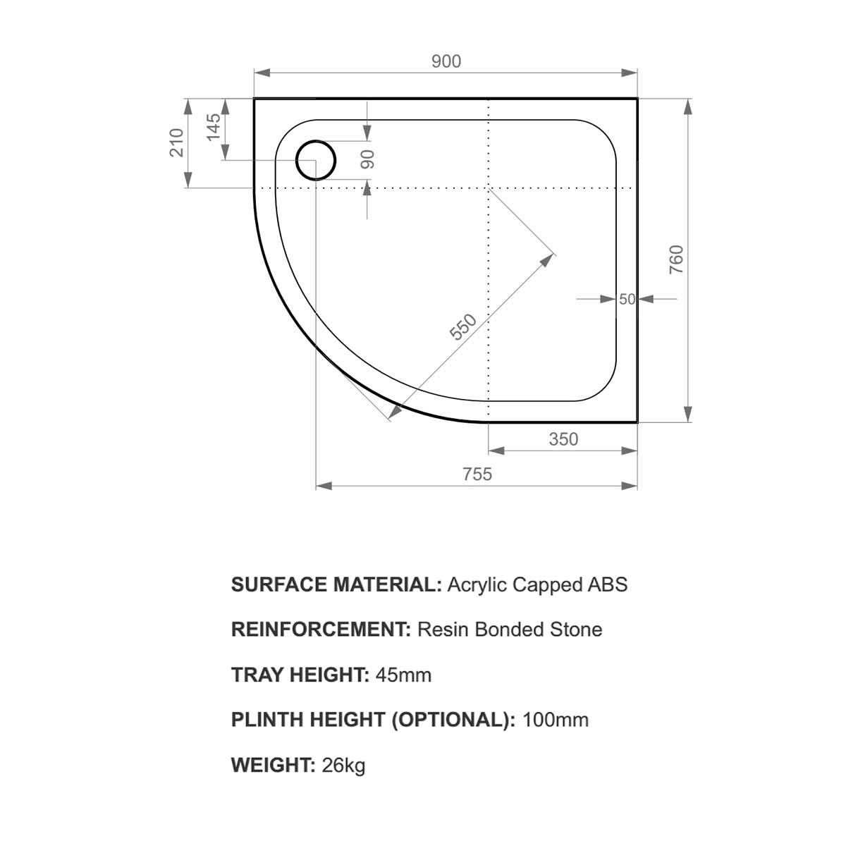 K-Stone Anti Slip Offset Quadrant Stone Resin Shower Tray 900x760mm Right Hand