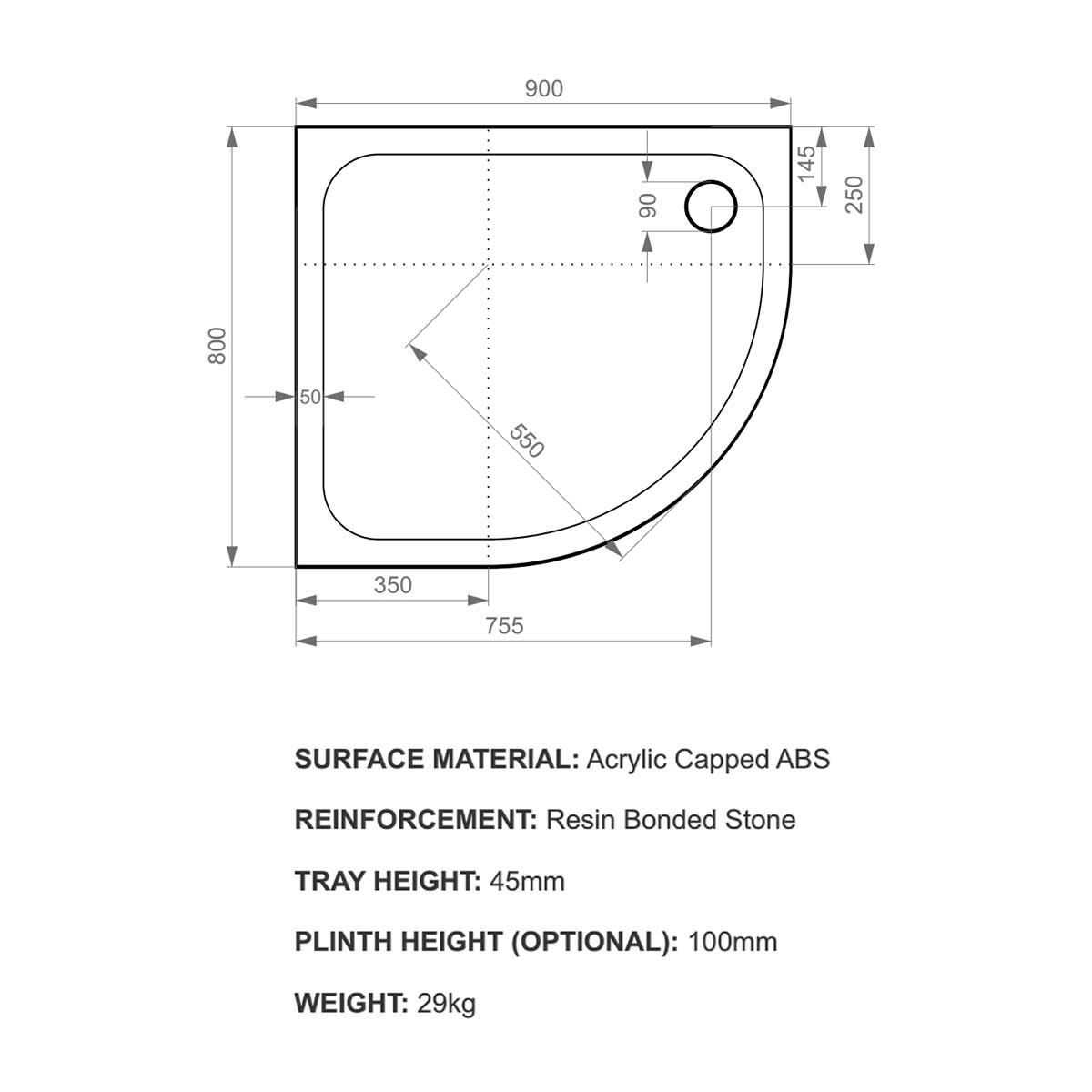 K-Stone Anti Slip Offset Quadrant Stone Resin Shower Tray 900x800mm Left Hand