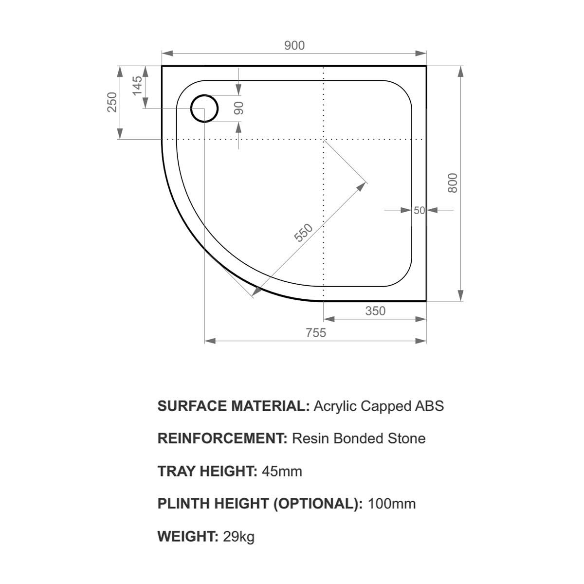 K-Stone Offset Quadrant Stone Resin Shower Tray 900x800mm Right Hand