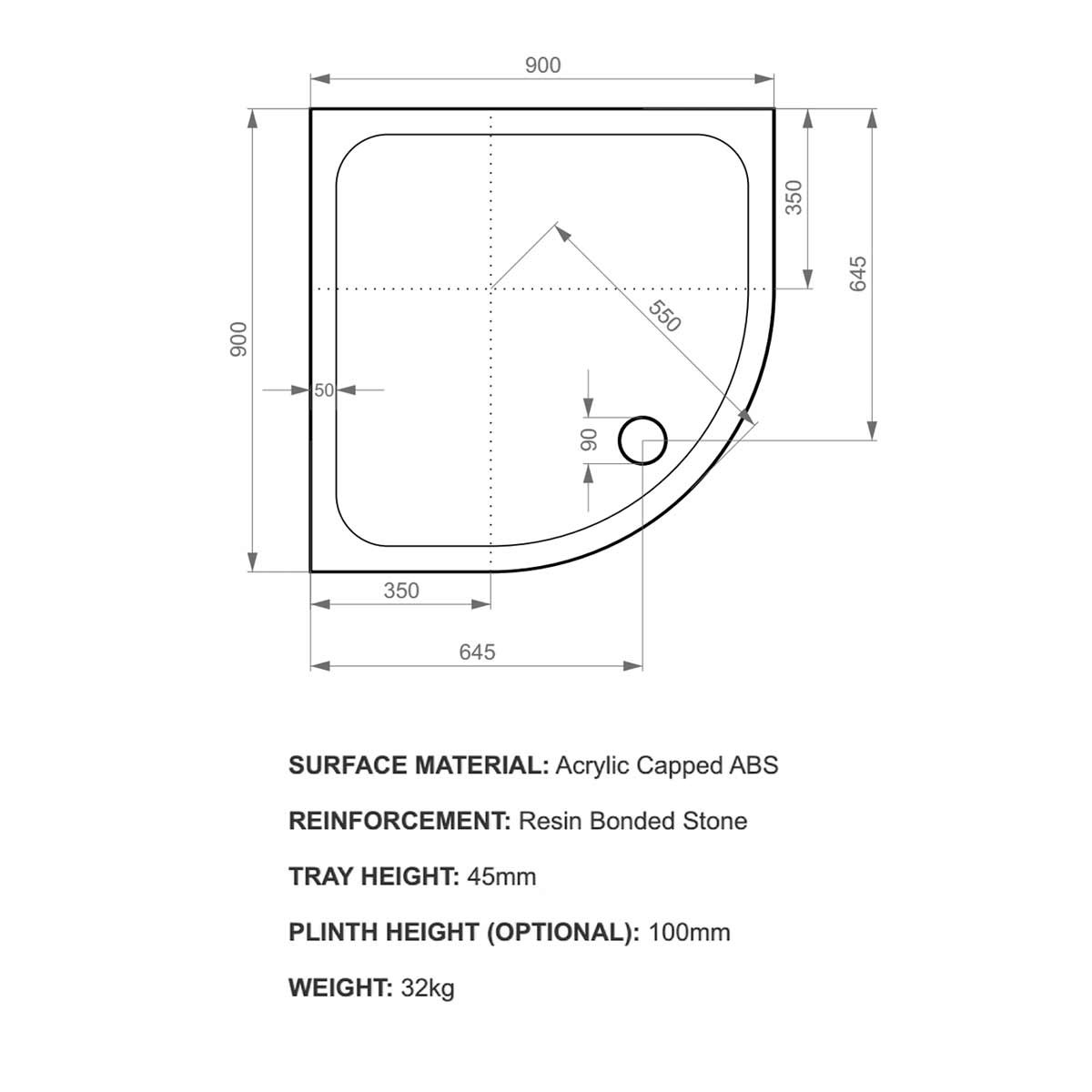 K-Stone Anti Slip Quadrant Stone Resin Shower Tray 900x900mm