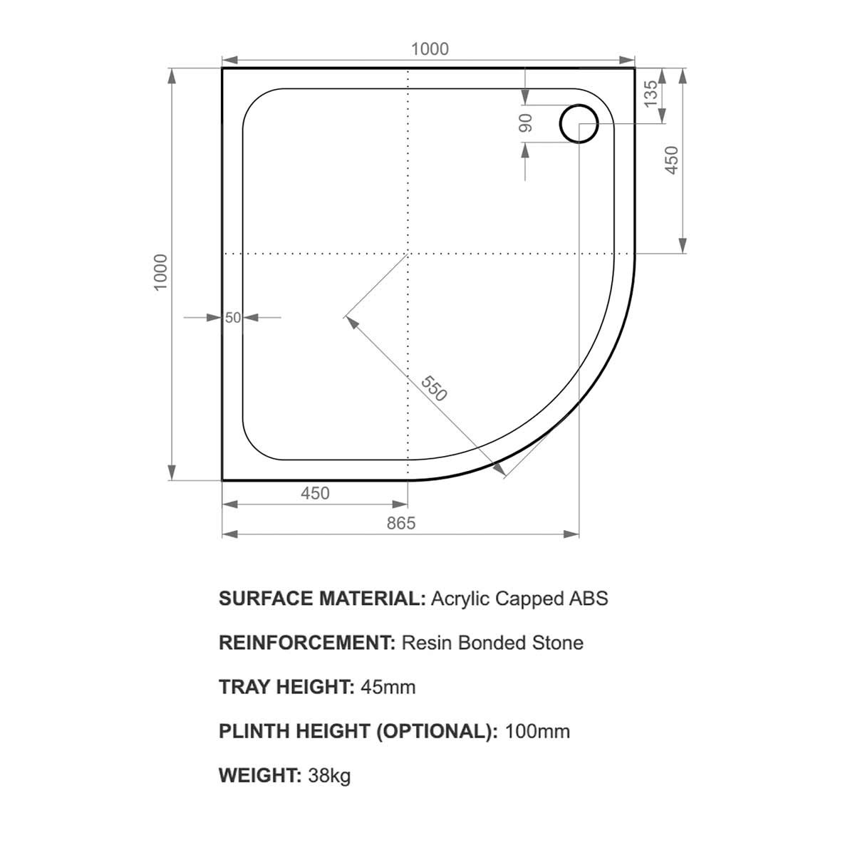 K-Stone Quadrant Stone Resin Shower Tray 1000x1000mm
