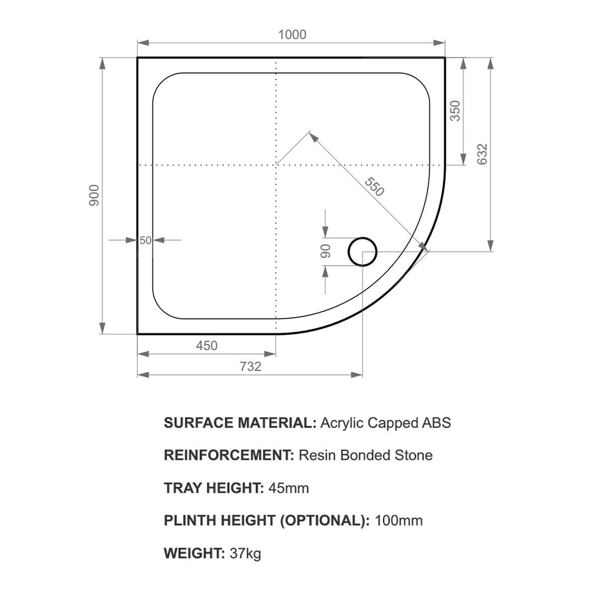 K-Stone Offset Quadrant Stone Resin Shower Tray 1000x900mm Left Hand