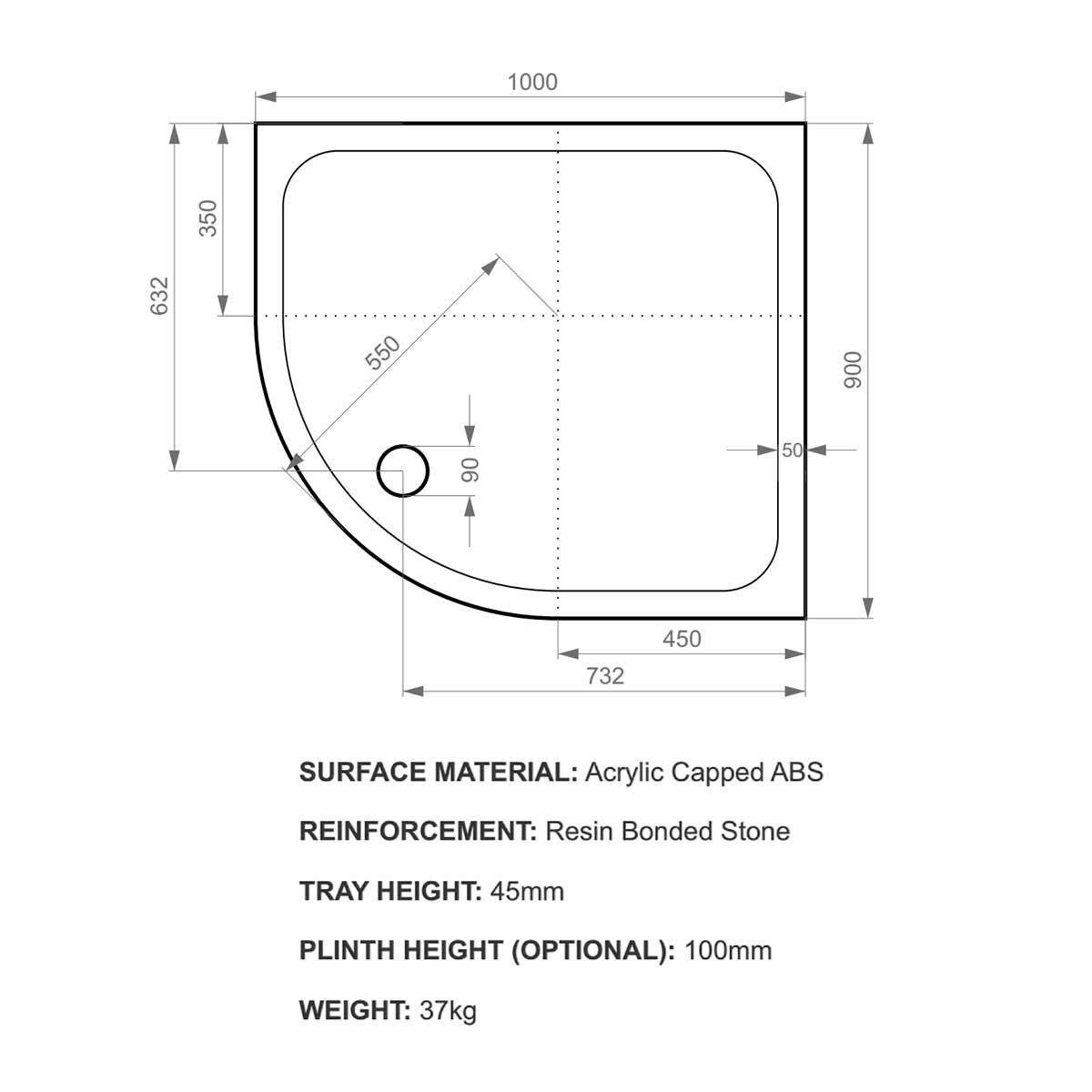 K-Stone Offset Quadrant Stone Resin Shower Tray 1000x900mm Right Hand