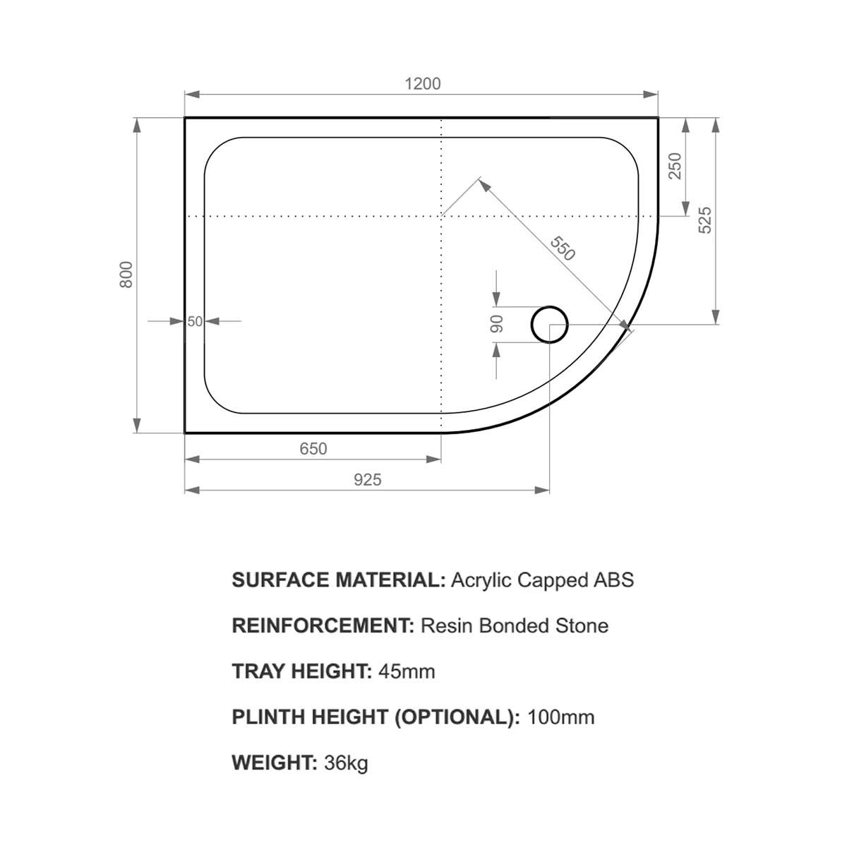 K-Stone Offset Quadrant Stone Resin Shower Tray 1200x800mm Left Hand