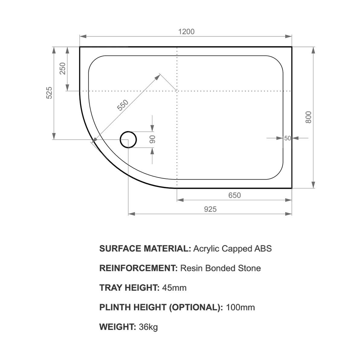 K-Stone Offset Quadrant Stone Resin Shower Tray 1200x800mm Right Hand