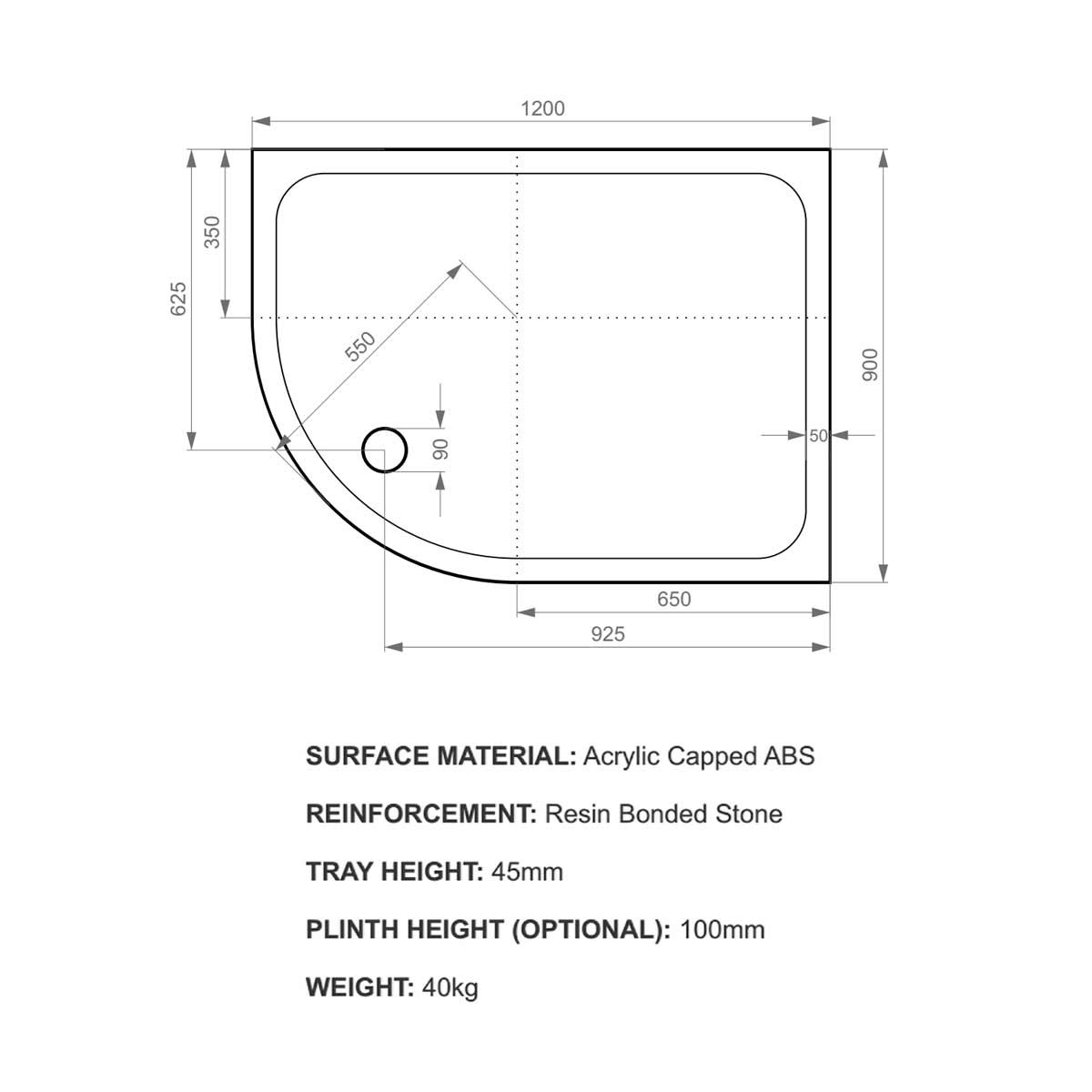 K-Stone Anti Slip Offset Quadrant Stone Resin Shower Tray 1200x900mm Right Hand