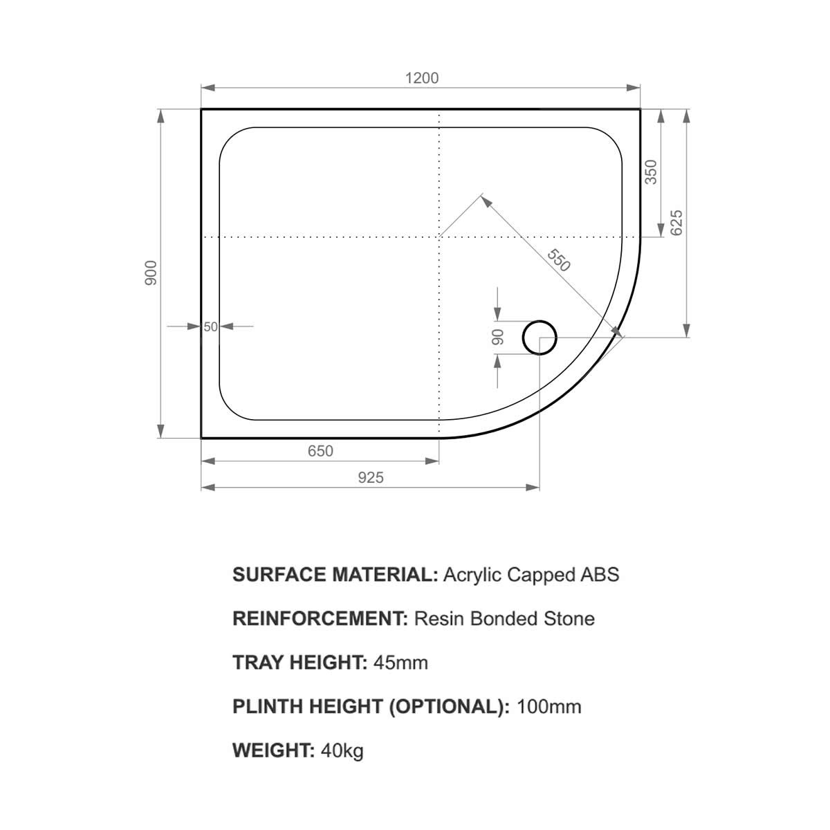 K-Stone Offset Quadrant Stone Resin Shower Tray 1200x900mm Left Hand