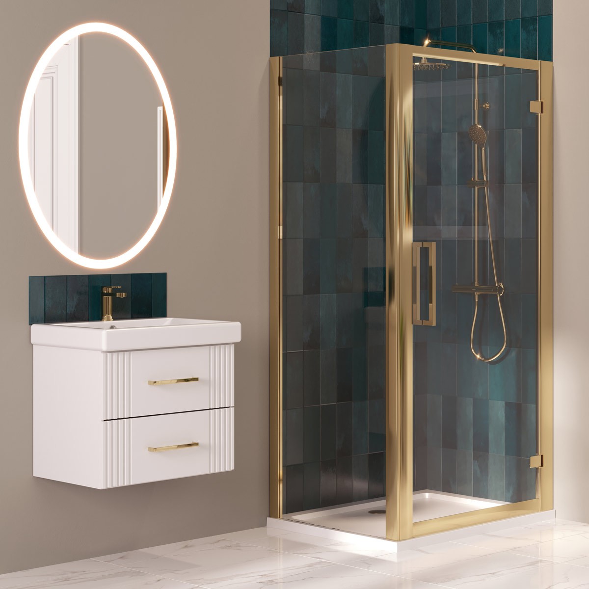 Emerald 8mm Brushed Brass Hinge Shower Door & Side Panel 900x800mm