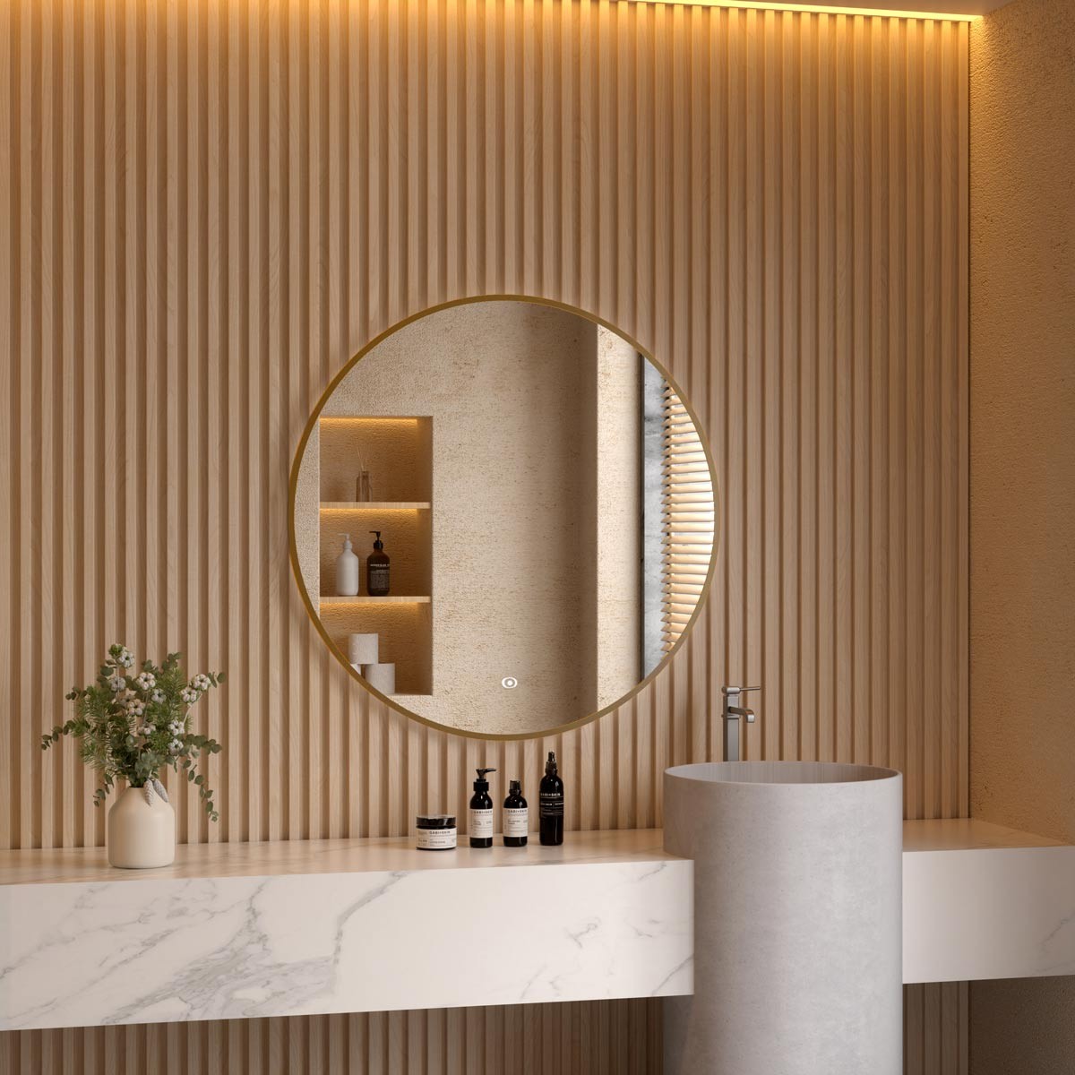 Nova Brass Framed LED Round Bathroom Mirror 600mm