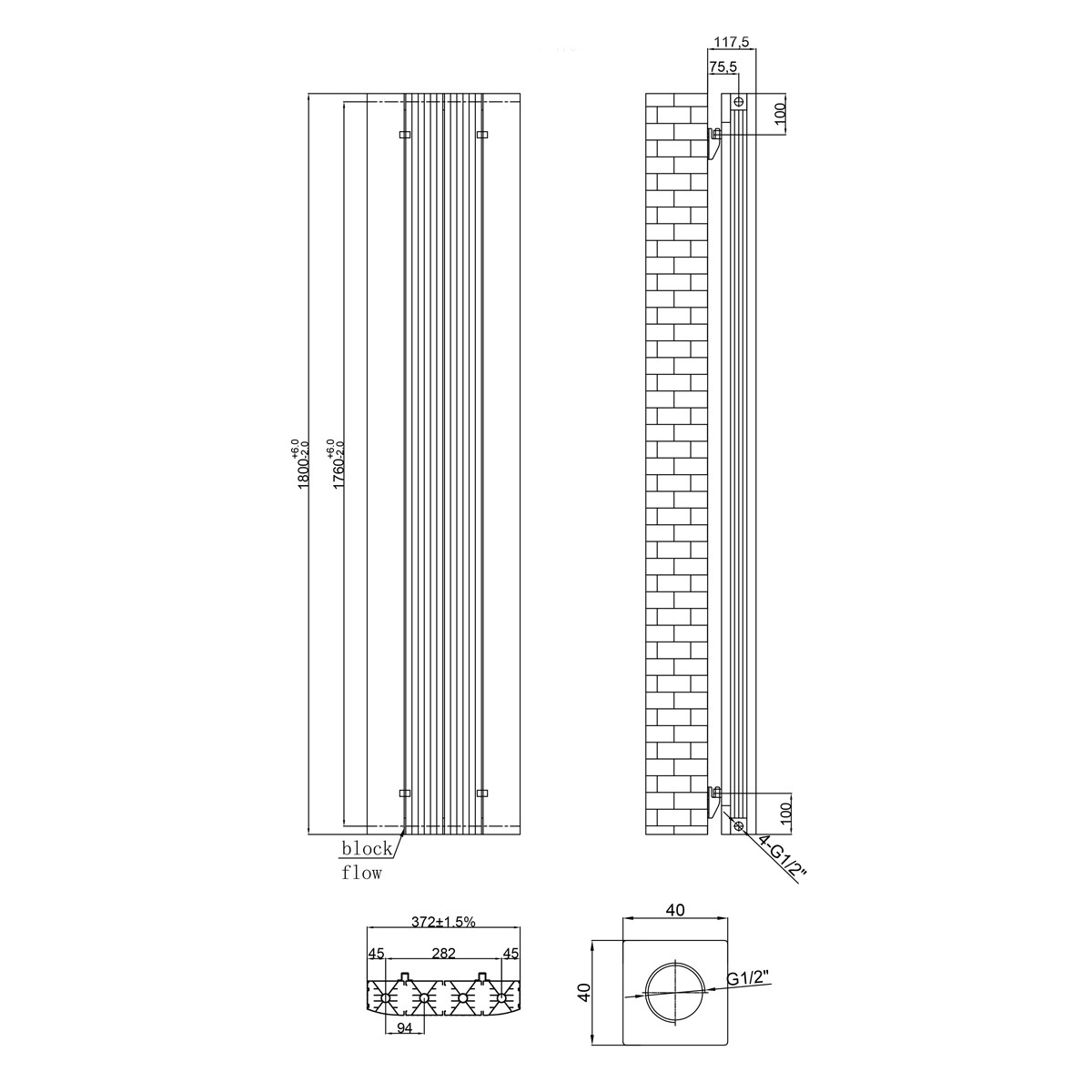 Rene Anthracite Designer Vertical Double Radiator 1800x372mm