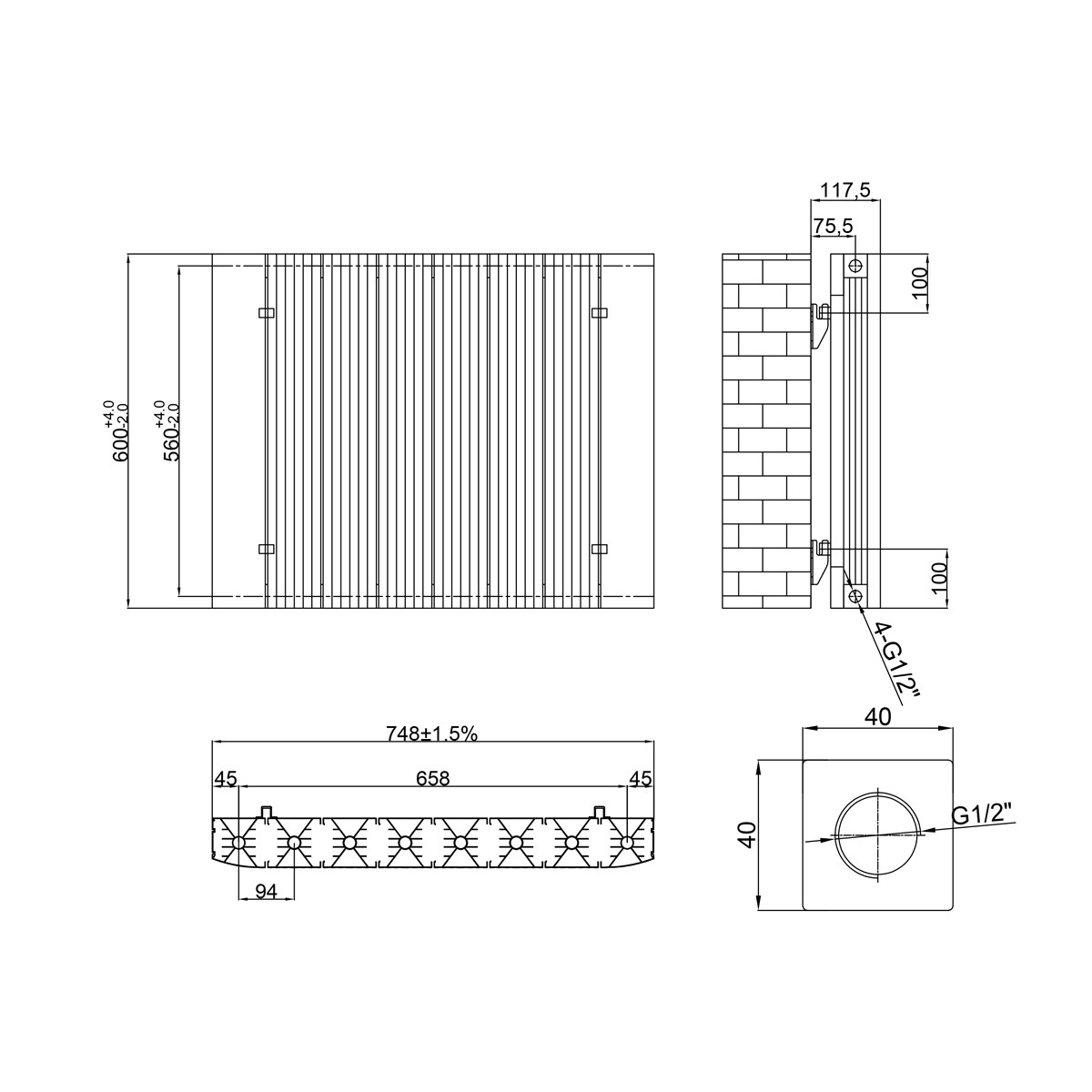 Rene Anthracite Designer Horizontal Double Radiator 600x748mm