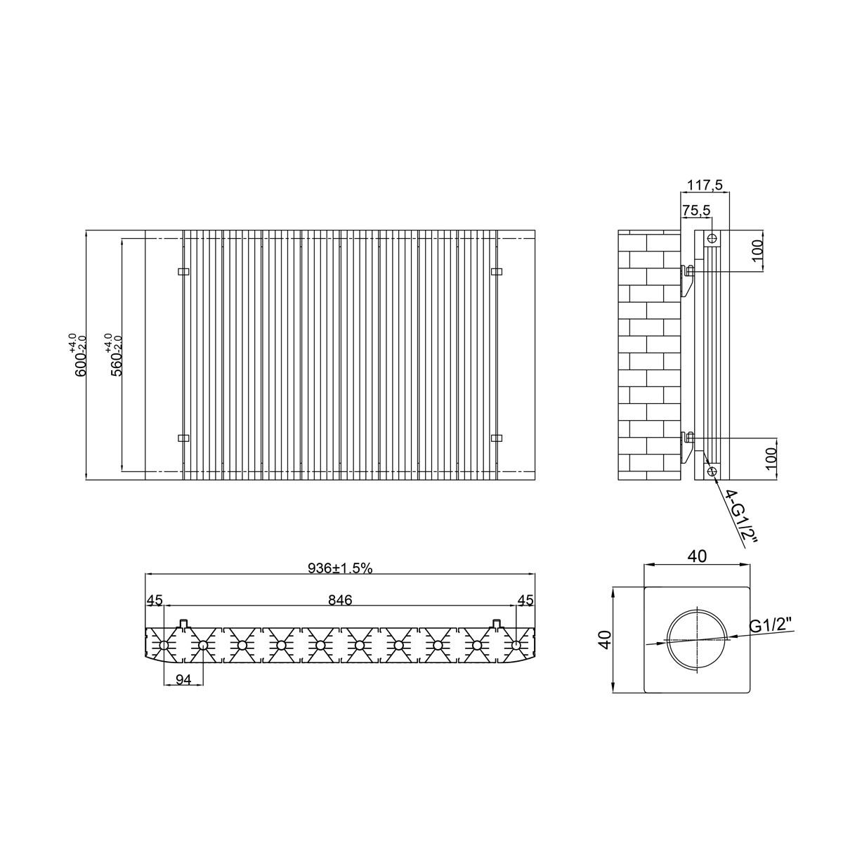 Rene Anthracite Designer Horizontal Double Radiator 600x936mm