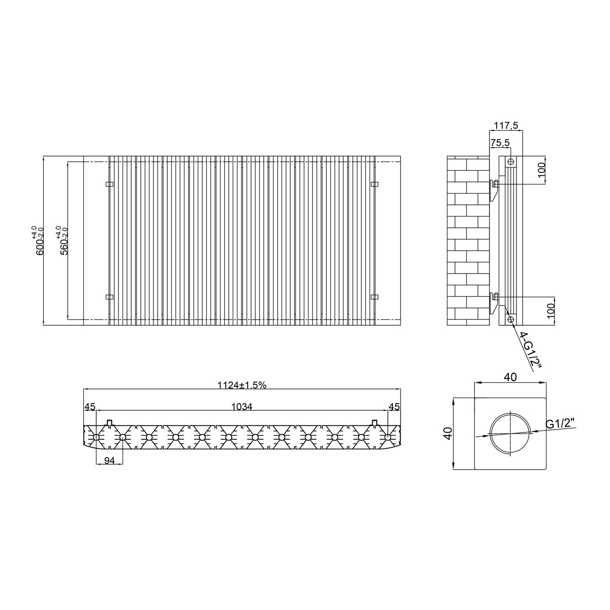 Rene Anthracite Designer Horizontal Double Radiator 600x1124mm