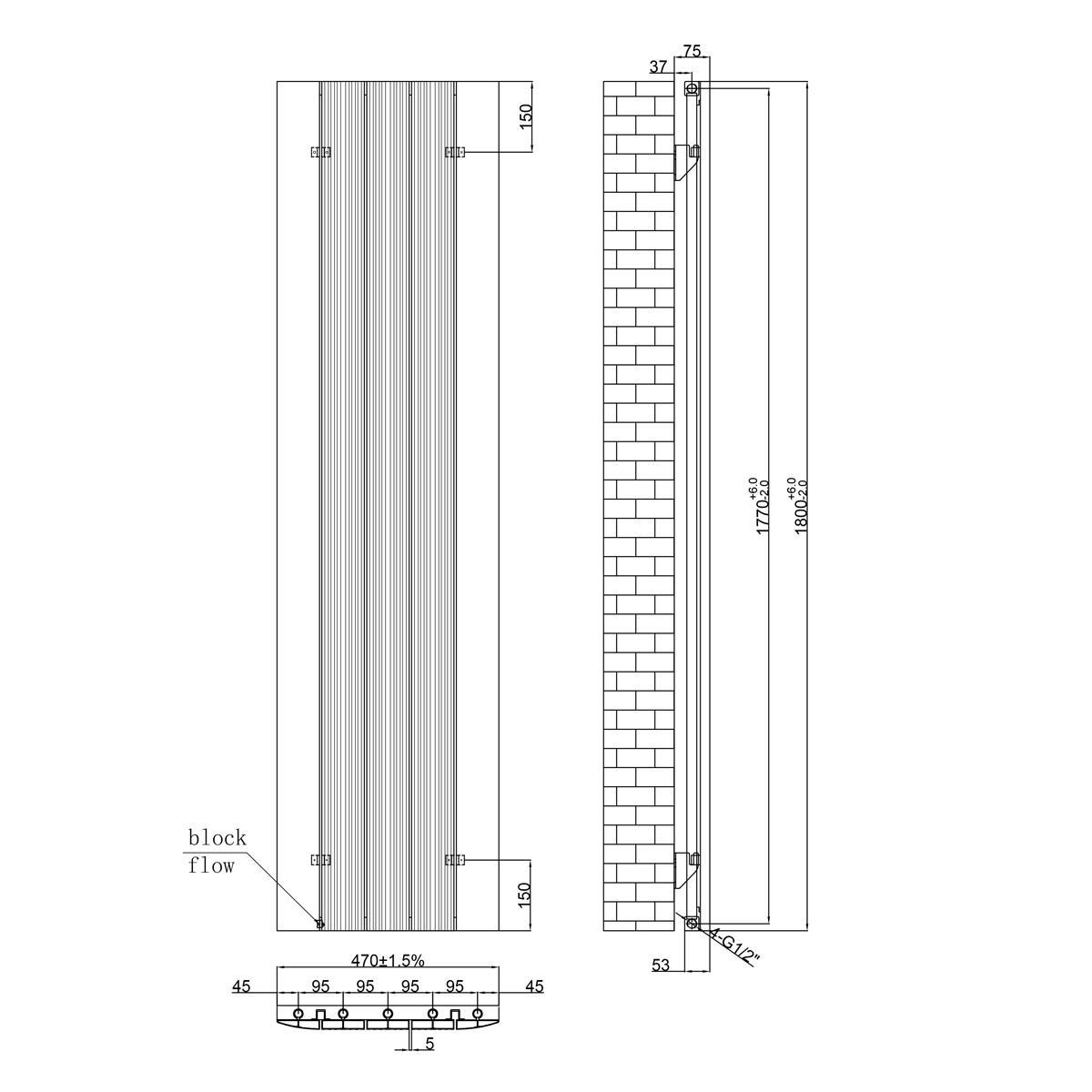 Rene Anthracite Designer Vertical Radiator 1800x470mm
