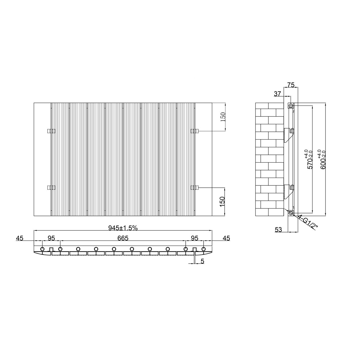 Rene White Designer Horizontal Radiator 600x945mm