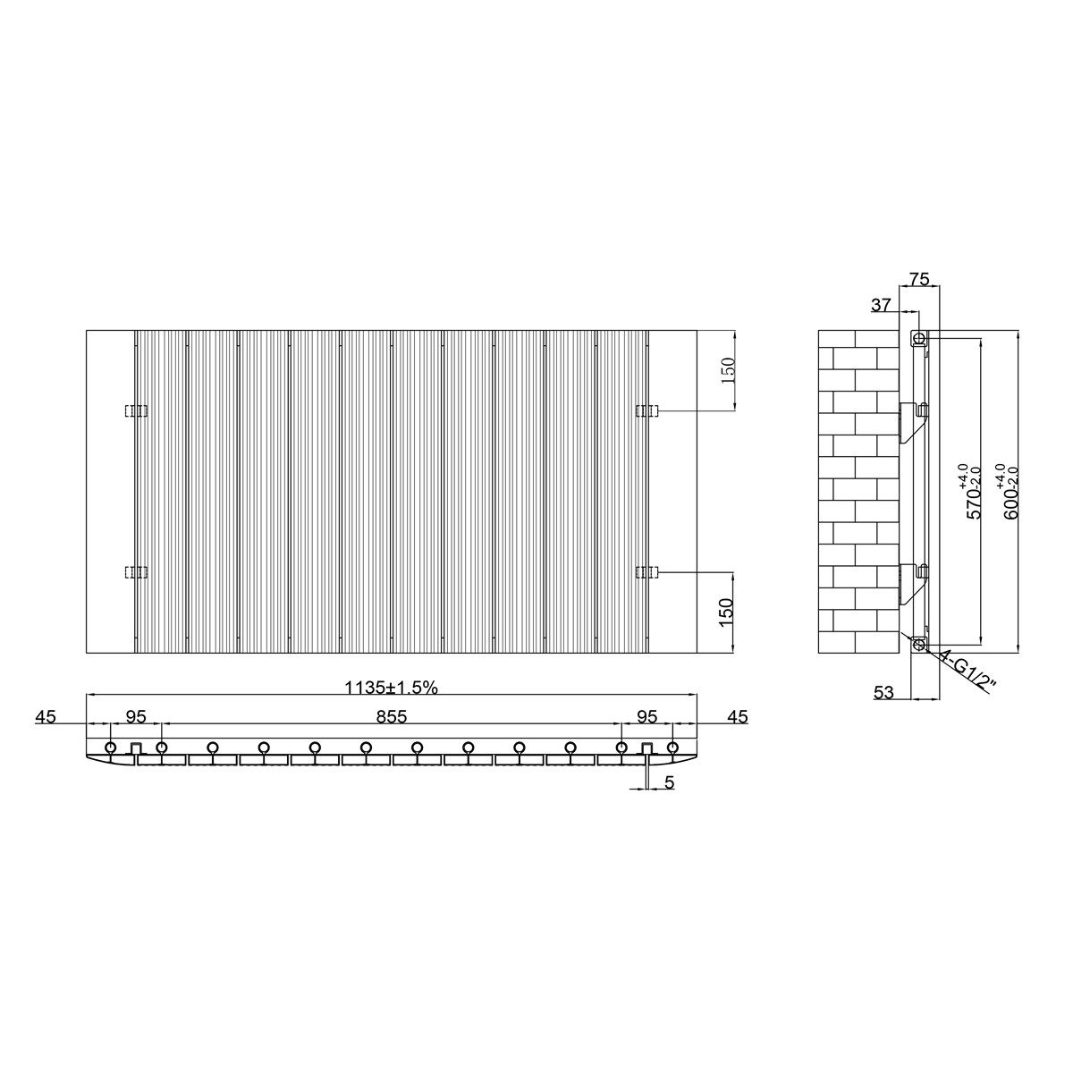 Rene White Designer Horizontal Radiator 600x1135mm
