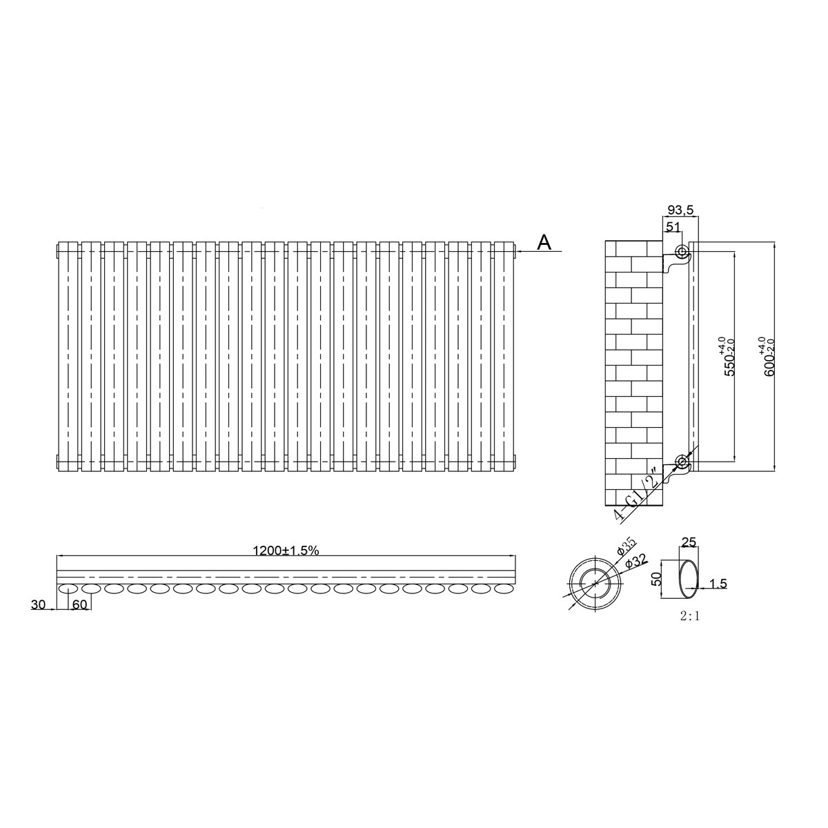 Koda White Designer Horizontal Radiator 600x1200mm