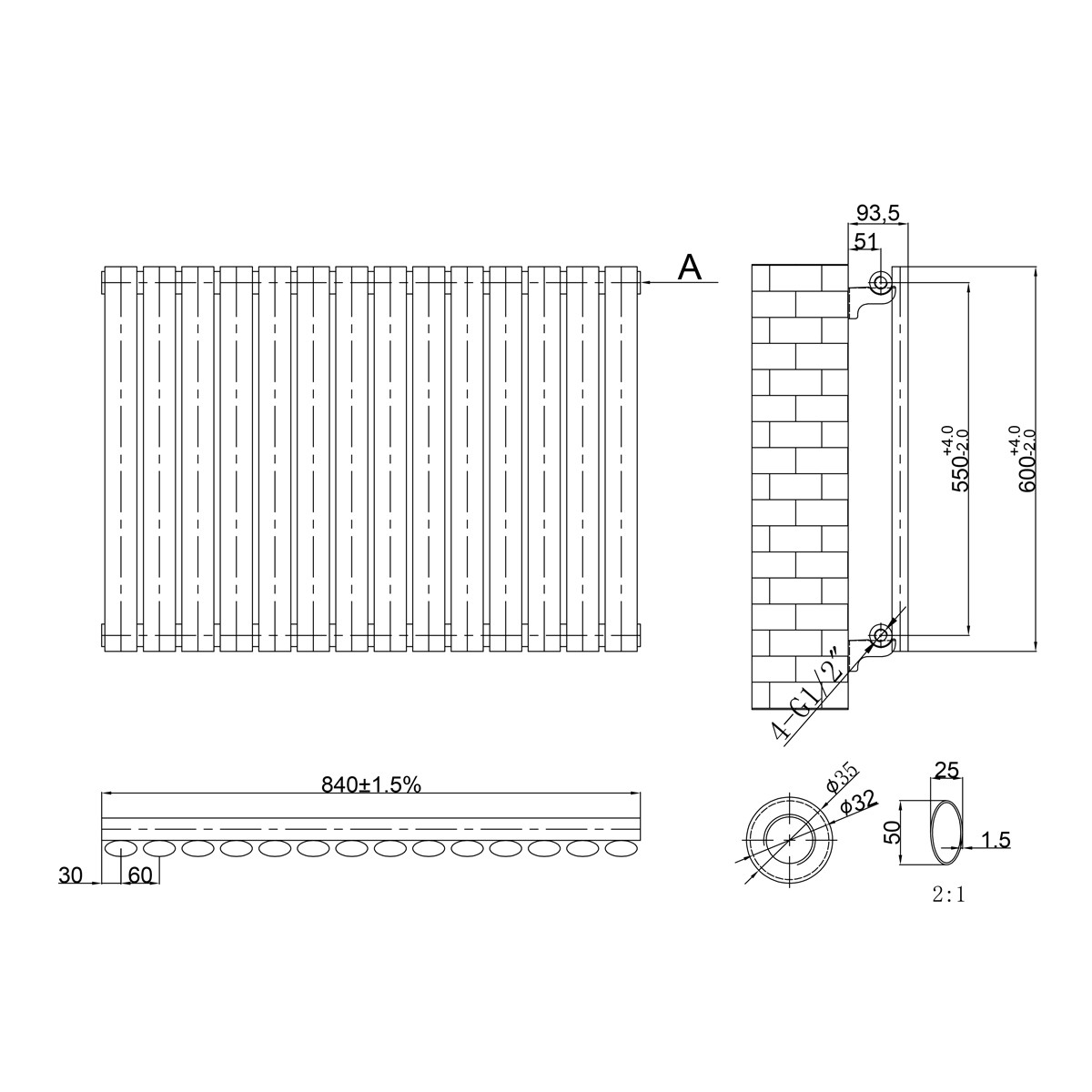 Koda Anthracite Designer Horizontal Radiator 600x840mm