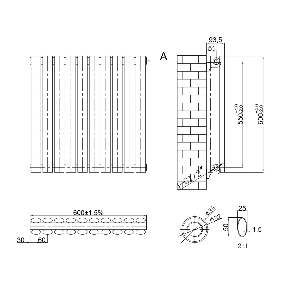 Koda Anthracite Designer Horizontal Double Radiator 600x600mm