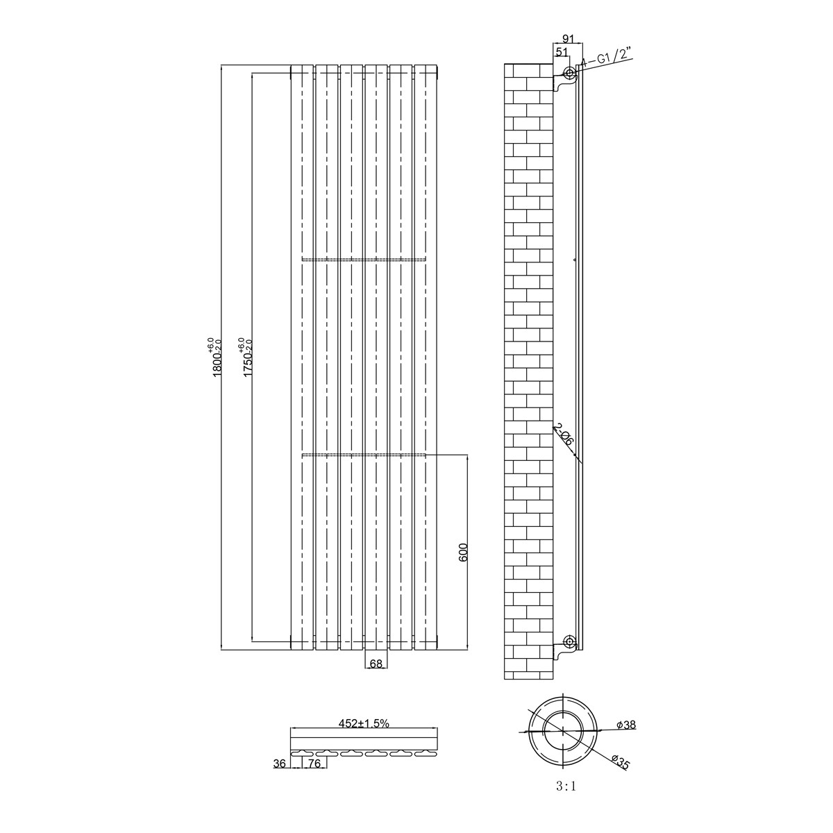Narvi Chrome Designer Vertical Radiator 1800x450mm