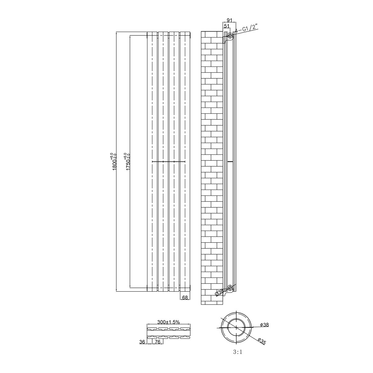 Narvi Anthracite Designer Vertical Double Radiator 1800x300mm