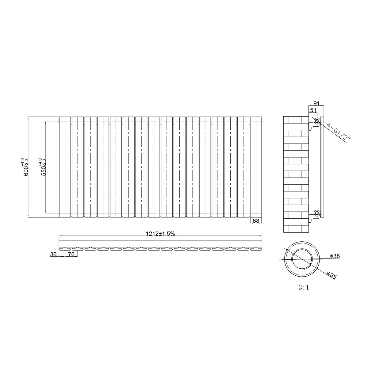 Narvi White Designer Horizontal Radiator 600x1212mm