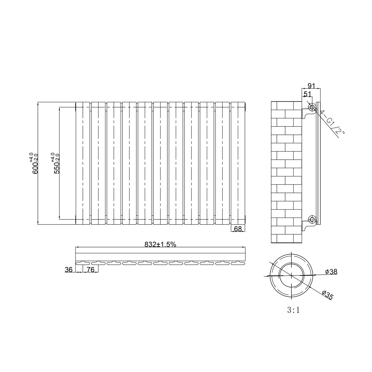 Narvi Anthracite Designer Horizontal Radiator 600x832mm