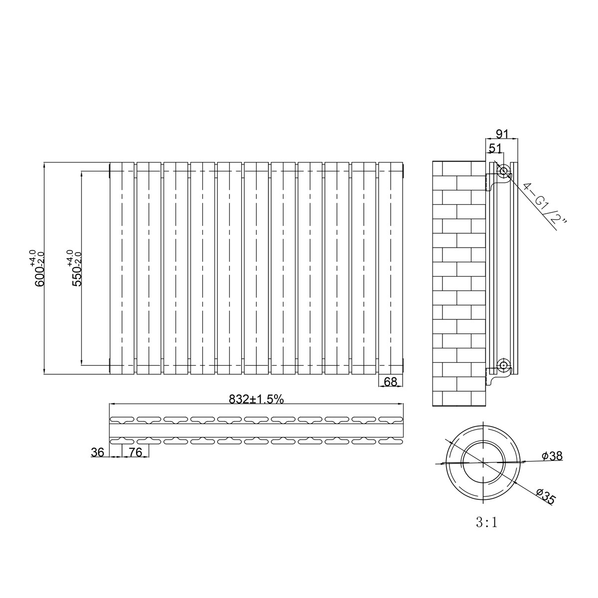 Narvi Anthracite Designer Horizontal Double Radiator 600x832mm