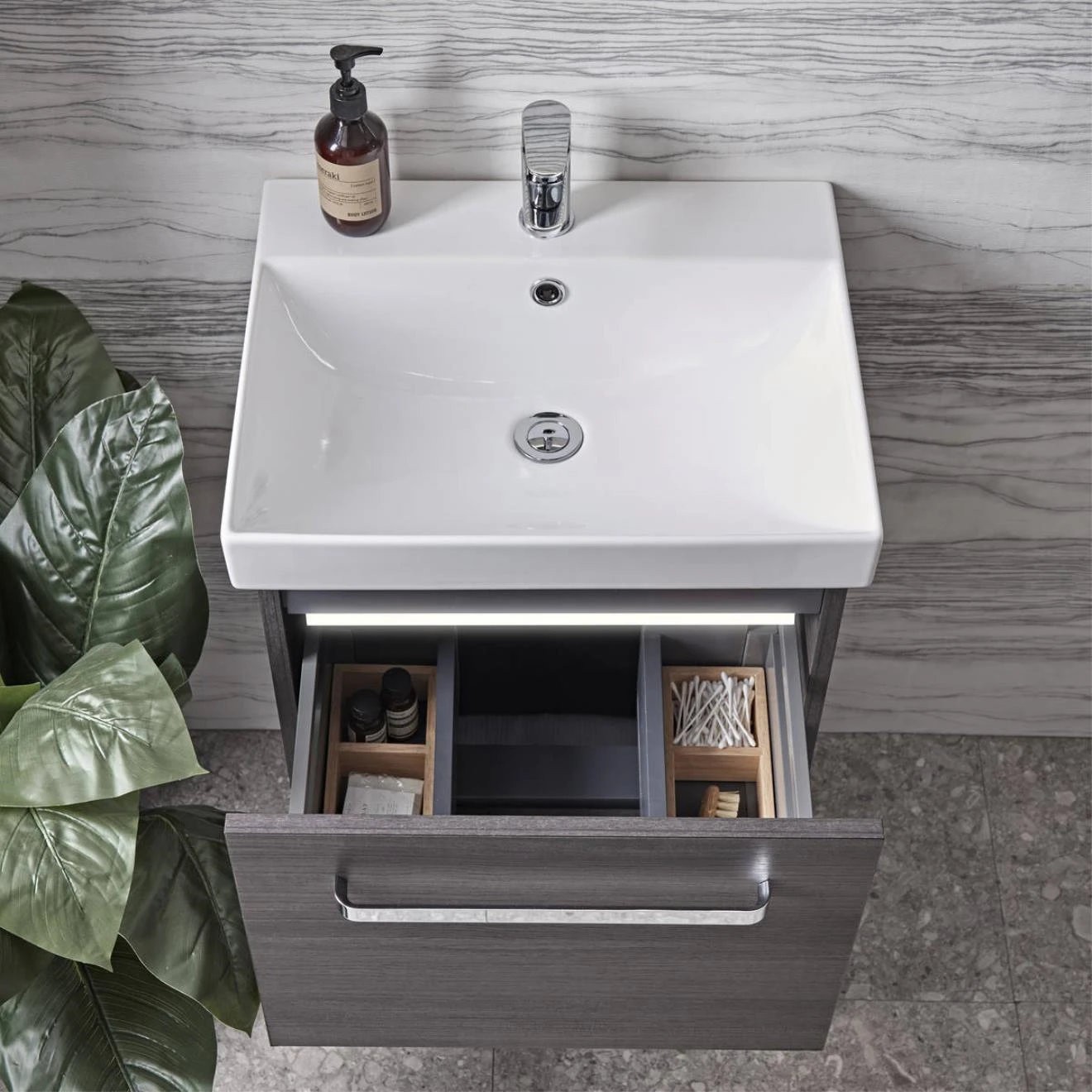 Cadence Tundra Wood Double Drawer Wall Hung Vanity Unit & Ceramic Basin 500mm
